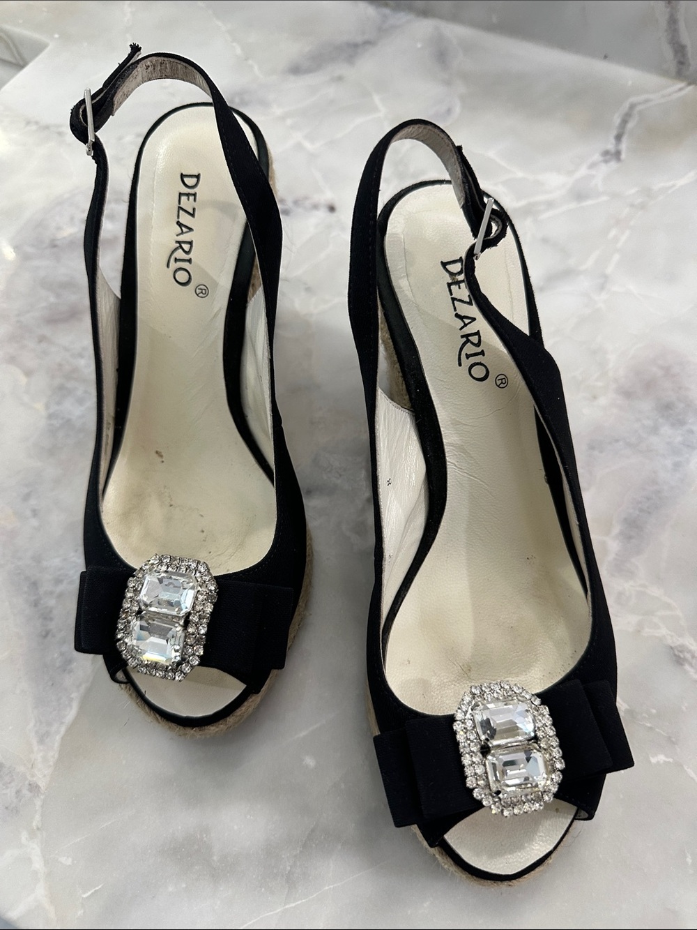 Dezario Black Slingback Peep-Toe wedge heel with Crystal Accent